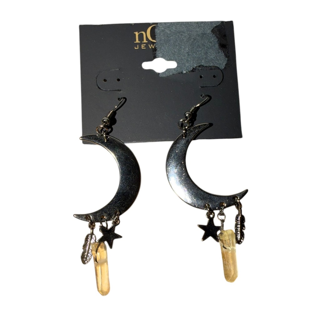 Noir Gunmetal Tone Crescent Moon Star Crystal Dangle Earrings Celestial New